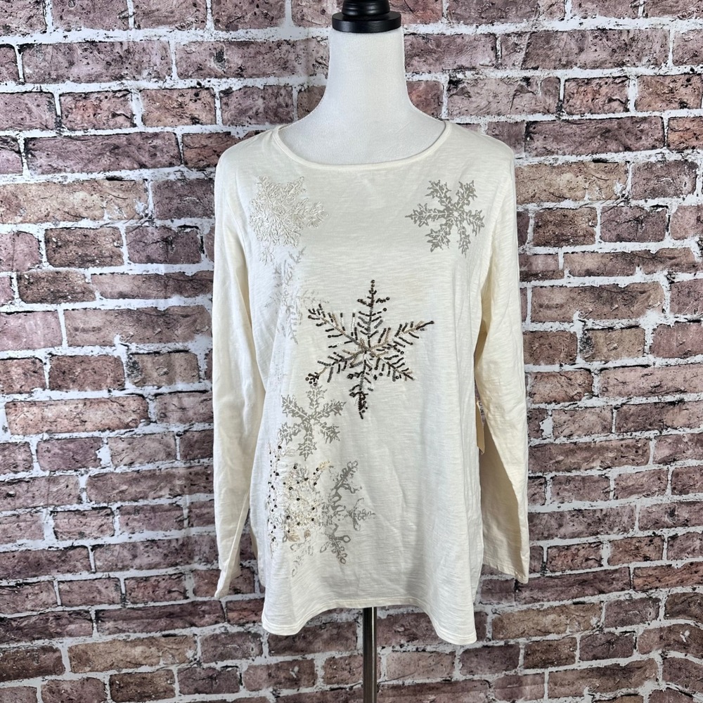 Coldwater Creek Women's‎ 1X Snowfall Embellished Long Sleeve Cotton Tee